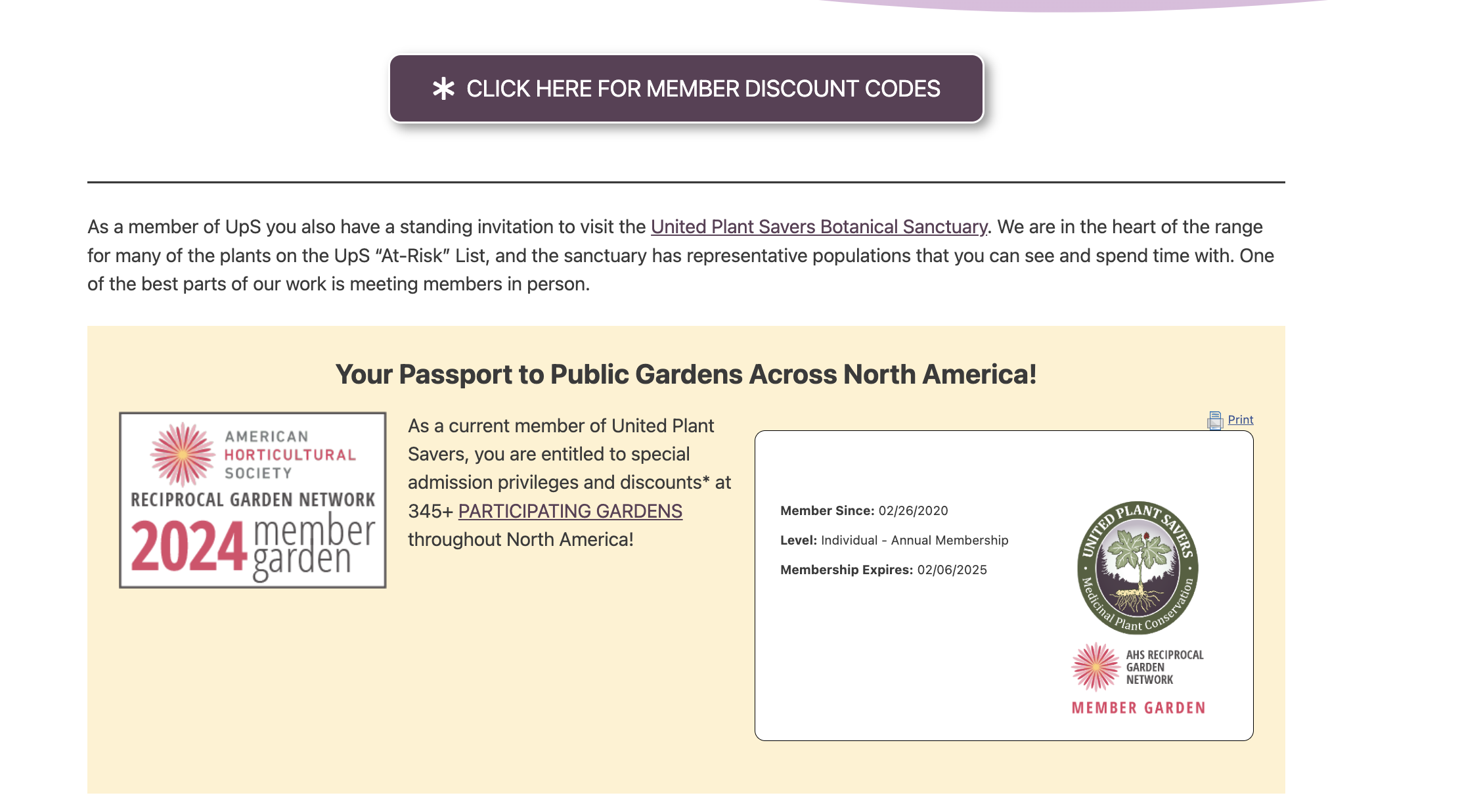 Click here for member discounts and botanical gardens screenshot